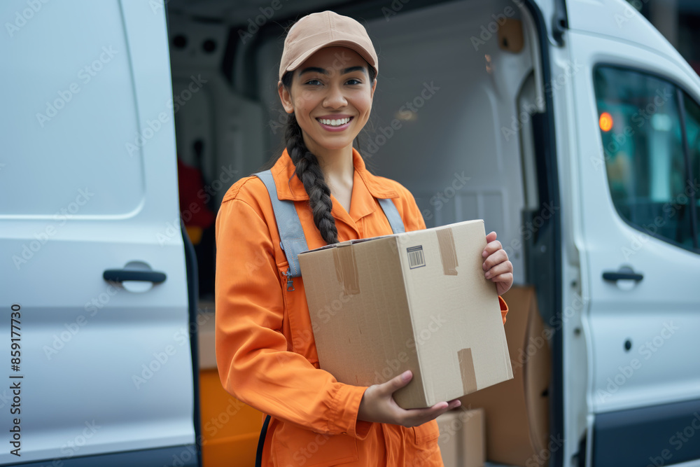 Happy female courier smiling, holding a cardboard box and wearing orange uniform and hat, white delivery van in background with copy space Happy female courier smiling, holding a cardboard box and wearing orange uniform and hat, white delivery van in background with copy space