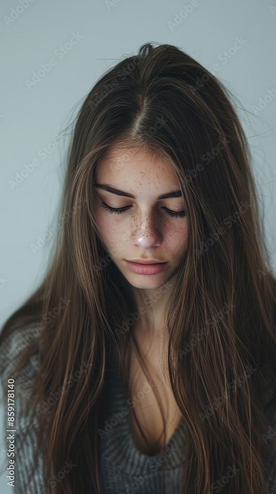 Young Woman With Long Brown Hair Looking Downward In A Gray Sweater Young Woman With Long Brown Hair Looking Downward In A Gray Sweater