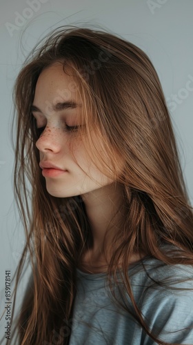 Young Woman With Long Brown Hair Looking Down