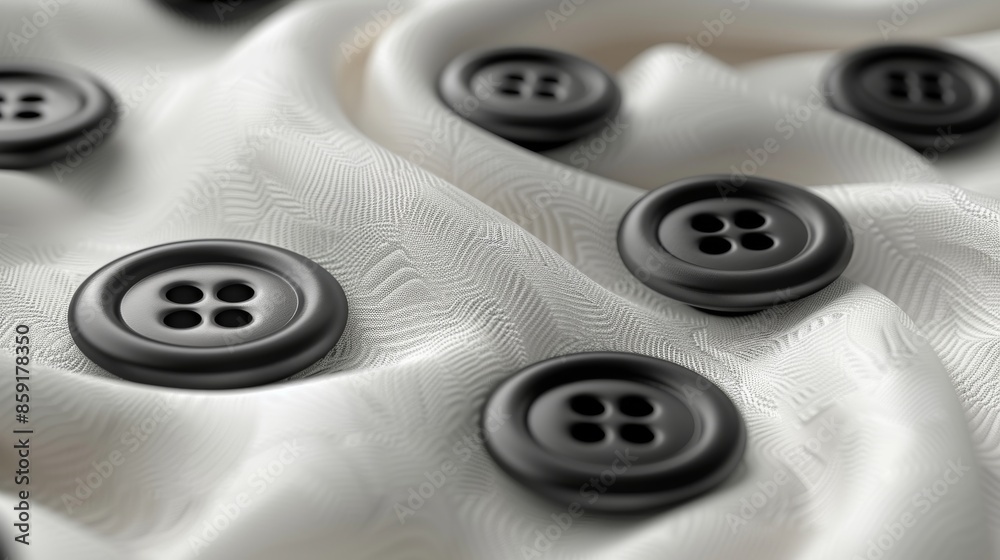 Black buttons on white textured fabric, close-up detail. Textile and sewing concept Black buttons on white textured fabric, close-up detail. Textile and sewing concept