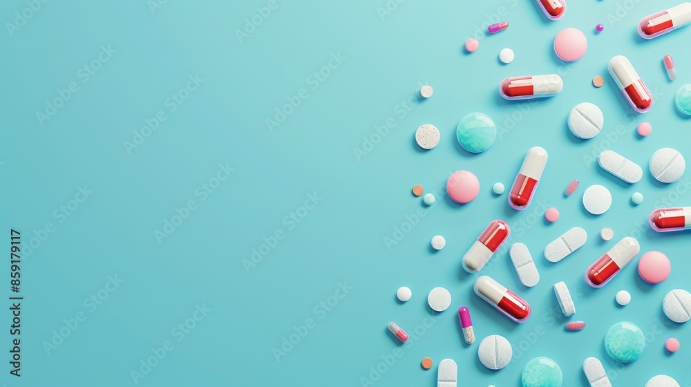 Different pills on a blue backdrop with space for text Modern pharmacy ad with capsules and tablets