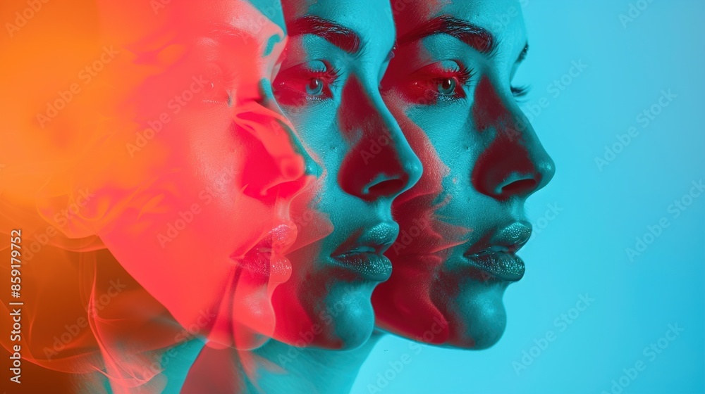 Double exposure of faces with dual tones, solid color background. Double exposure of faces with dual tones, solid color background.