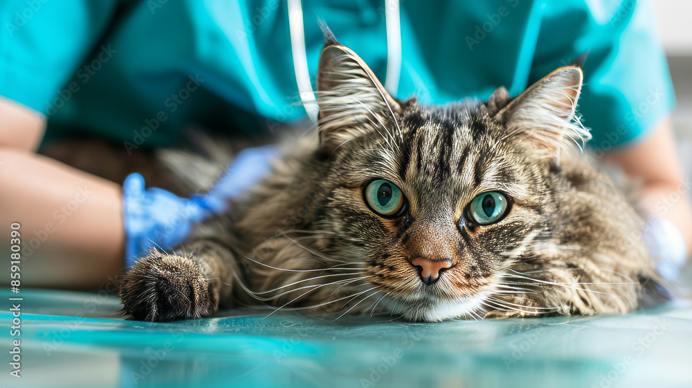 Close-up of a tabby cat lying on an examination table and looking at the camera with a veterinarian in the background. Veterinary care and pet health concept. Close-up of a tabby cat lying on an examination table and looking at the camera with a veterinarian in the background. Veterinary care and pet health concept.