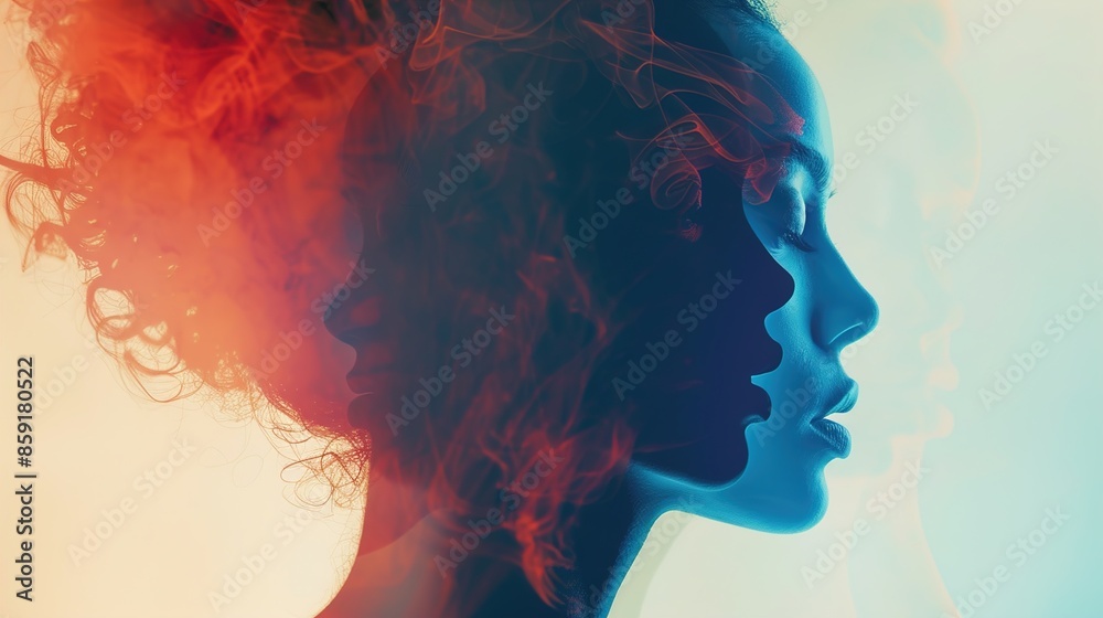 Double exposure of human faces in contrasting tones, solid color background. Double exposure of human faces in contrasting tones, solid color background.