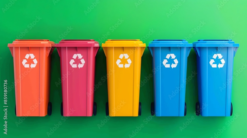 Colorful recycling bins aligned against a green background, promoting environmental awareness and waste separation practices. Colorful recycling bins aligned against a green background, promoting environmental awareness and waste separation practices.