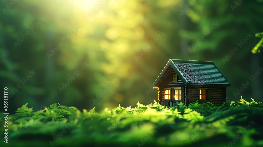 A cozy cabin in the forest illuminated by warm interior lights, surrounded by lush greenery and bathed in soft sunlight. A cozy cabin in the forest illuminated by warm interior lights, surrounded by lush greenery and bathed in soft sunlight.