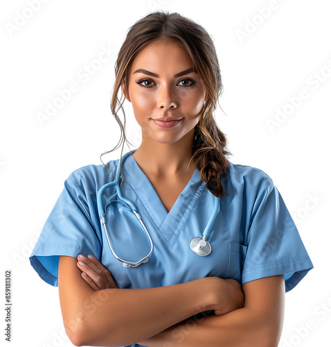 female nurse crossed arms on isolated transparent background