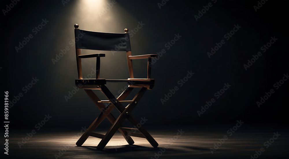 A Directors Chair with Lights and in dark background with dark environment with copy space, direction concept
A Directors Chair with Lights and in dark background with dark environment with copy space, direction concept