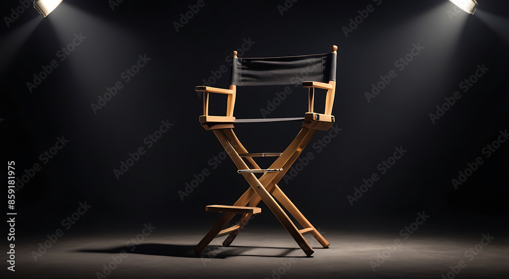 A Directors Chair with Lights and in dark background with dark environment with copy space, direction concept
A Directors Chair with Lights and in dark background with dark environment with copy space, direction concept
