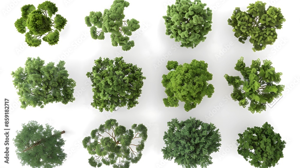 Cutout top view trees set landscaping 3d render on white background Cutout top view trees set landscaping 3d render on white background