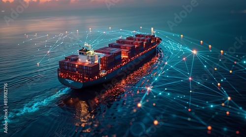 In the dead of night, a cargo ship traverses the open sea, bright blue network lines surrounding it and symbolizing cutting-edge maritime communication and navigation systems.