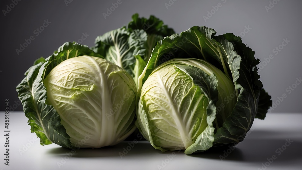 Fototapeta premium bunch of cabbage on white table and plain background with dramatic lighting