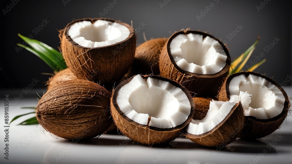 bunch of coconut on white table and plain background with dramatic lighting bunch of coconut on white table and plain background with dramatic lighting