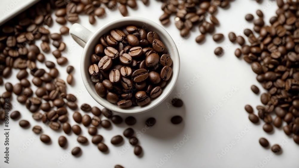 bunch of coffee beans on white table and plain background with dramatic lighting bunch of coffee beans on white table and plain background with dramatic lighting