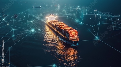 A container ship sails through calm nighttime waters, encircled by a glowing digital network, symbolizing the integration of advanced technology in global trade. photo