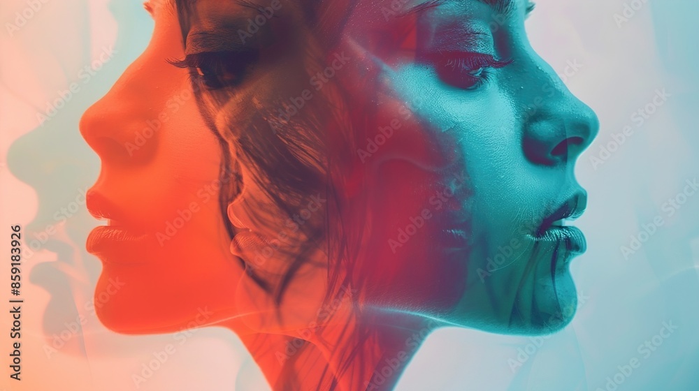 Dual-toned double exposure of human faces, solid color backdrop. Dual-toned double exposure of human faces, solid color backdrop.