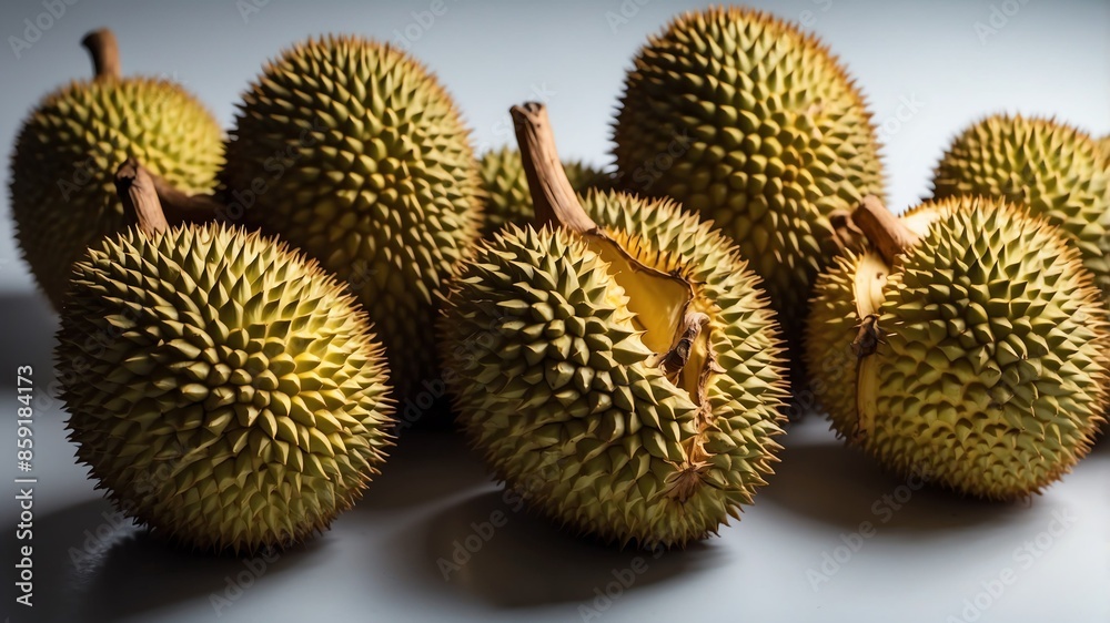 bunch of durian on white table and plain background with dramatic lighting bunch of durian on white table and plain background with dramatic lighting