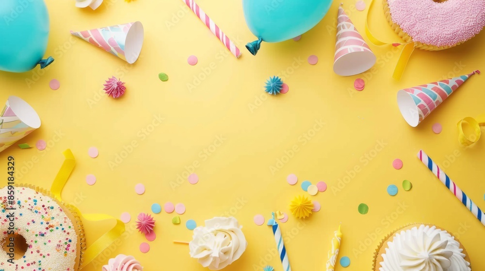 Fototapeta premium Colorful birthday party flat lay composition with festive decorations on vibrant yellow background, perfect for celebratory occasions and invitations with ample copy space