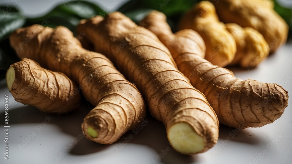 bunch of ginger on white table and plain background with dramatic lighting bunch of ginger on white table and plain background with dramatic lighting