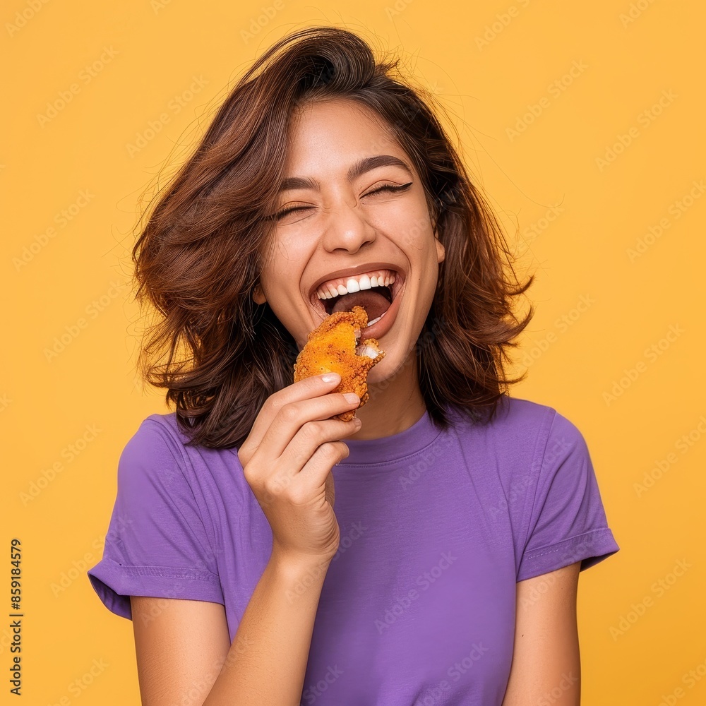 Young Woman Enjoying Delicious Fried Chicken Against a Yellow Background Young Woman Enjoying Delicious Fried Chicken Against a Yellow Background