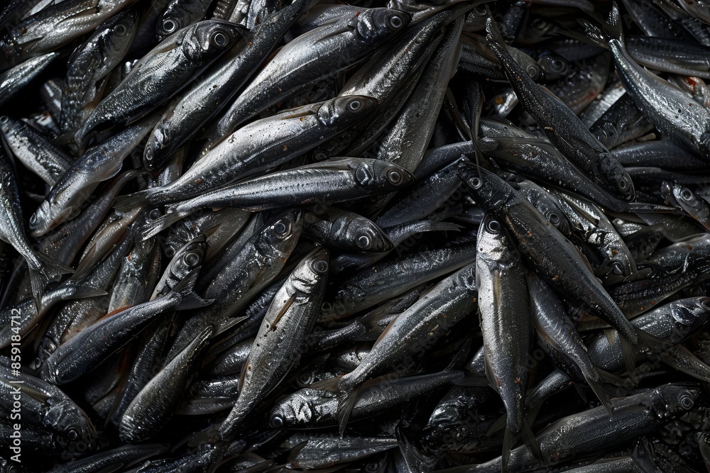 Fototapeta premium A dense group of fresh fish caught from the sea with vibrant scales. Perfect for culinary blogs, seafood markets, and food guides. High-resolution and highly detailed image. Generative AI