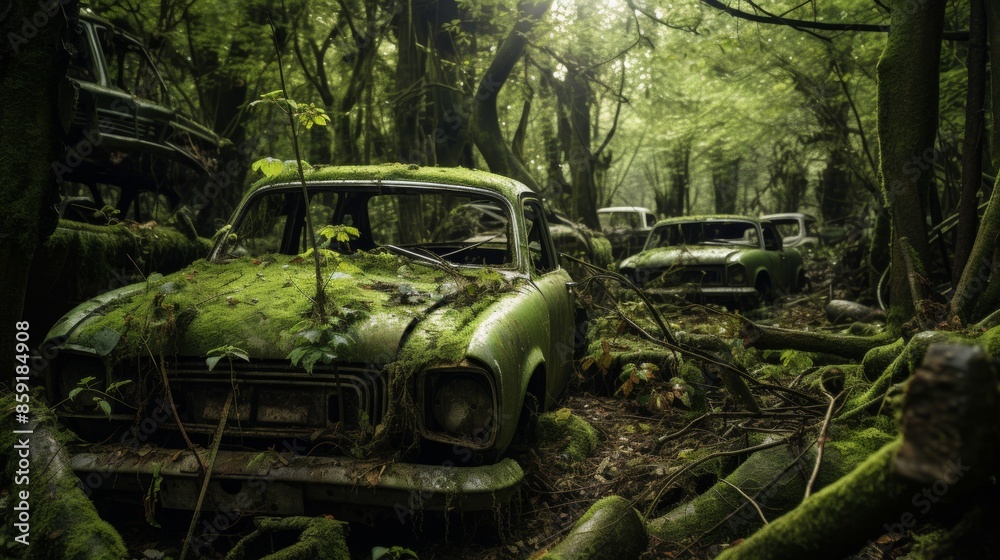 Overgrown vehicle graveyard eerie scene. Overgrown vehicle graveyard eerie scene.