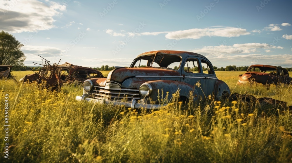 Fototapeta premium Abandoned field with vintage cars.