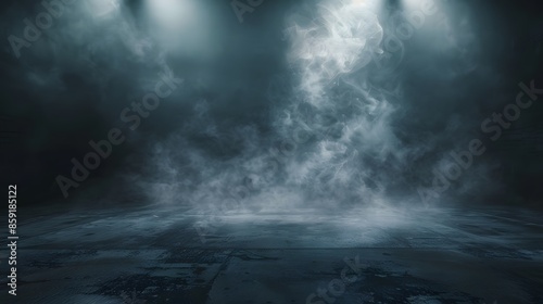 Abstract technology background, Empty dark cement floor, studio room with smoke floating up the interior texture, wall background, spotlights, laser light, digital future technology concept.