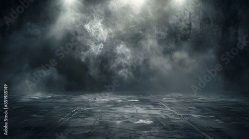 Abstract technology background, Empty dark cement floor, studio room with smoke floating up the interior texture, wall background, spotlights, laser light, digital future technology concept. © Gary