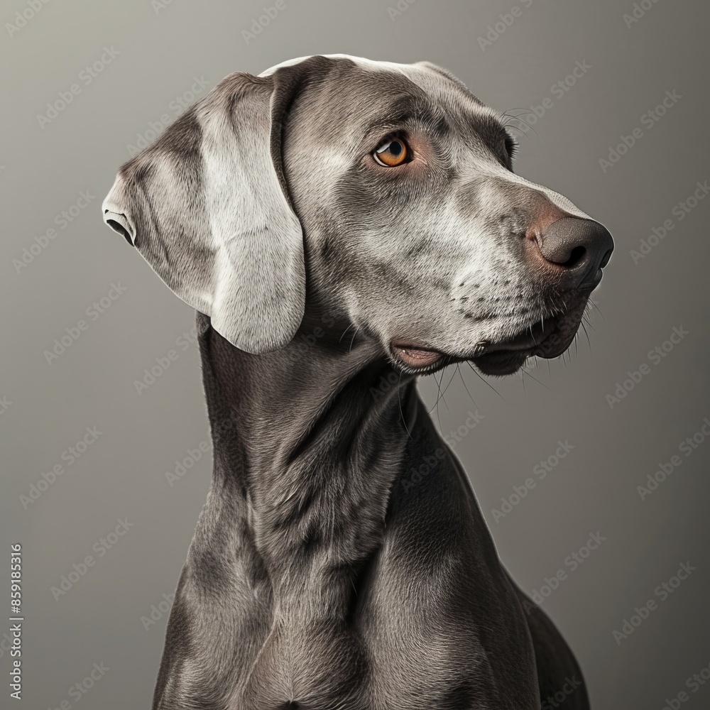 A Grey Weimaraner Dog Posing Against a Grey Background A Grey Weimaraner Dog Posing Against a Grey Background