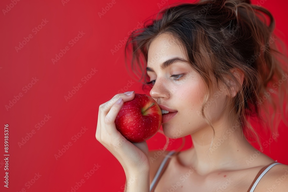 Woman Taking A Bite Of A Red Apple Against Red Background Woman Taking A Bite Of A Red Apple Against Red Background