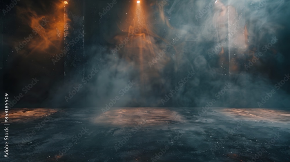 Abstract technology background, Empty dark cement floor, studio room with smoke floating up the interior texture, wall background, spotlights, laser light, digital future technology concept.