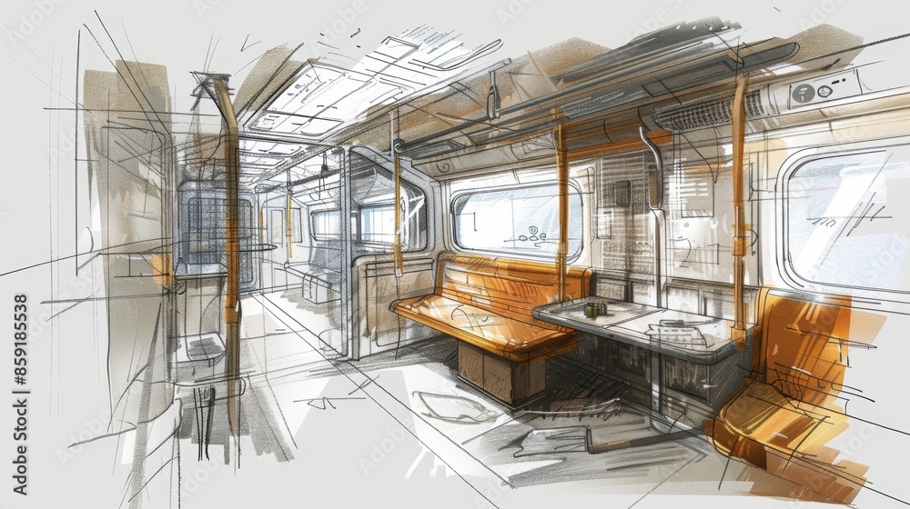 A detailed sketch of the trains cabin complete with annotations and notes on the amenities provided. A detailed sketch of the trains cabin complete with annotations and notes on the amenities provided.