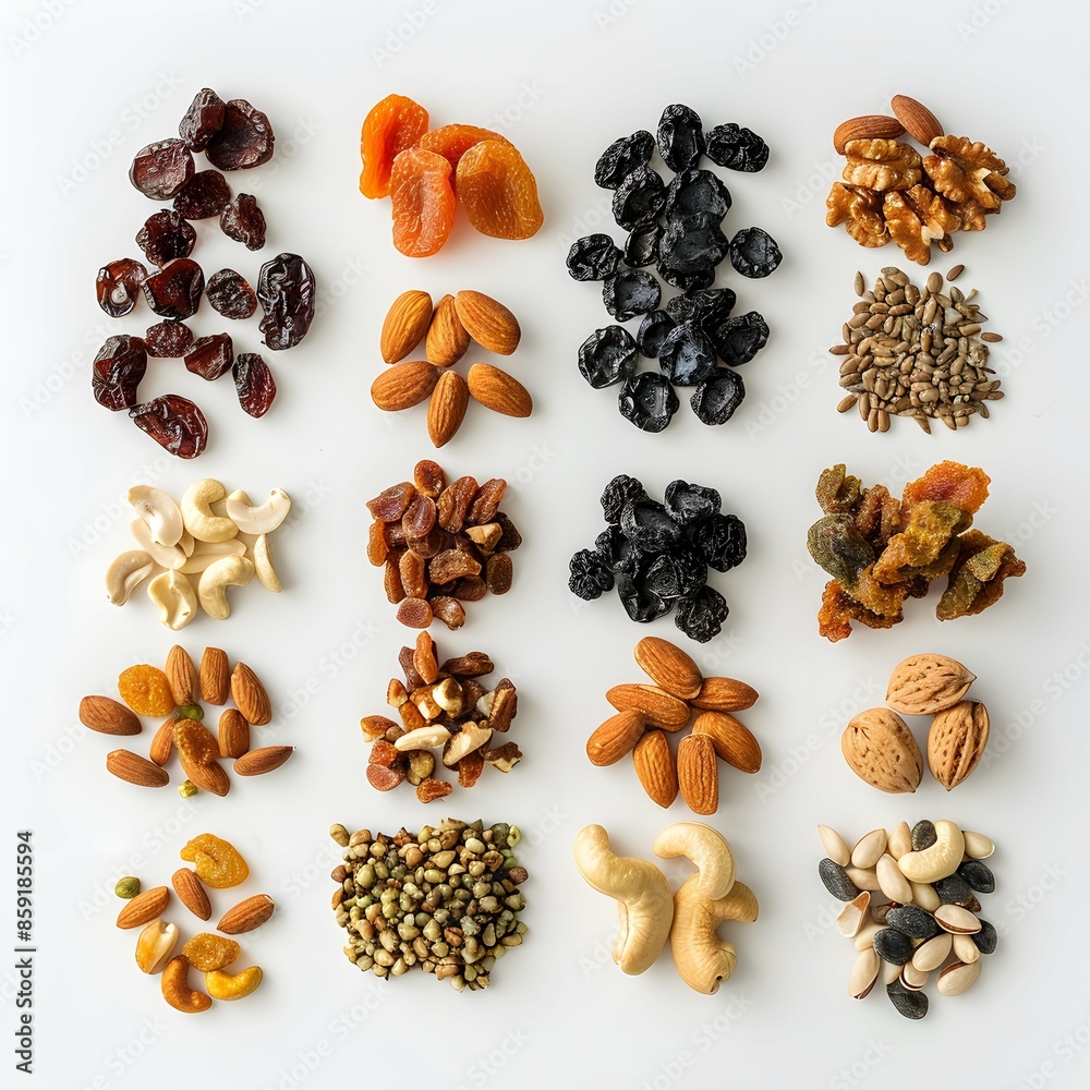 Obraz premium Dried fruits and nuts arranged on a white background