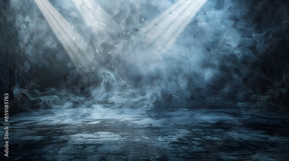Abstract technology background, Empty dark cement floor, studio room with smoke floating up the interior texture, wall background, spotlights, laser light, digital future technology concept.