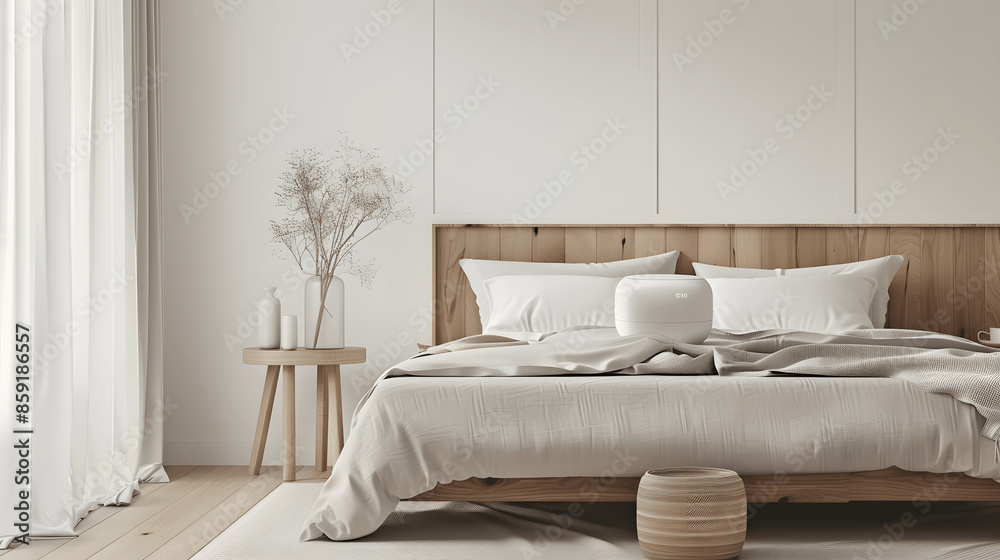 Fototapeta premium Minimalistic bedroom with white noise machine on nightstand