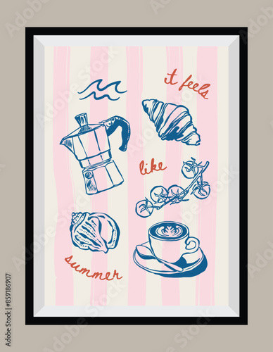 Minimal hand drawn vector dolce vita illustration with aesthetic quote in a poster frame. Art for greeting cards, wedding invitations, postcards, branding, logo design.	