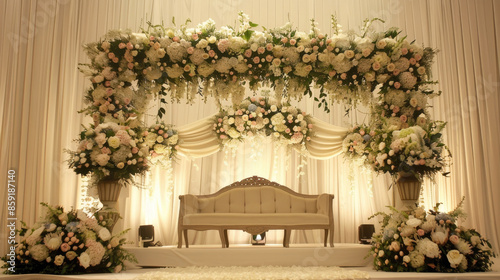 create a beautiful wedding stage floral design --ar 16:9 --fast --style raw Job ID: 4fc7a7f9-d723-40e7-b70e-daf404cced36 © Mujahid