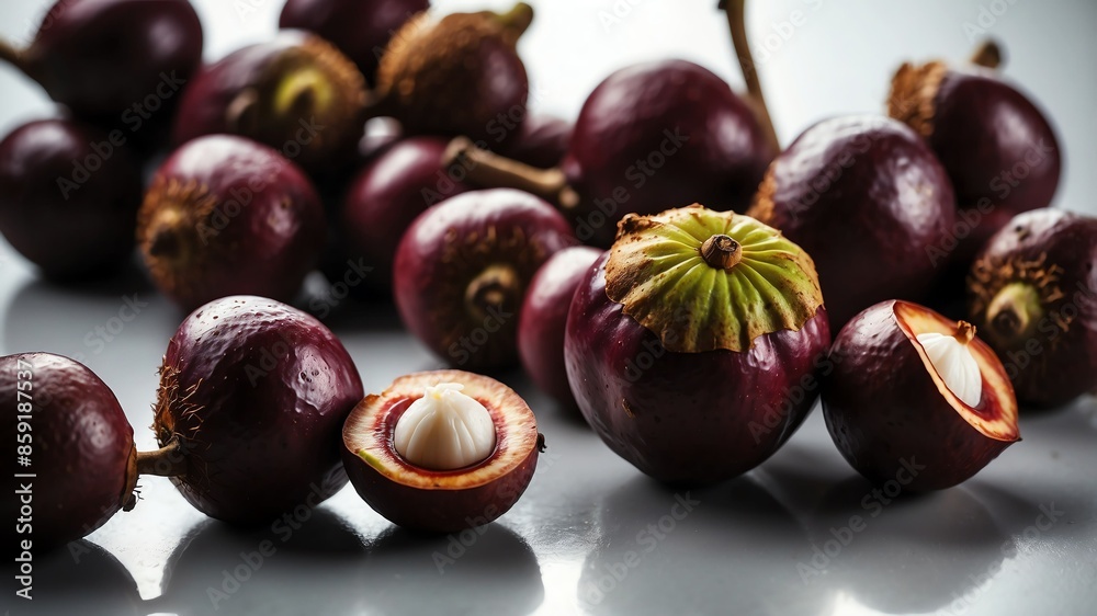 bunch of mangosteen on white table and plain background with dramatic lighting bunch of mangosteen on white table and plain background with dramatic lighting