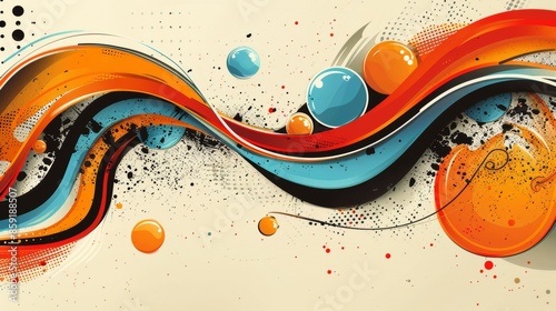 Abstract Orange, Blue, and Black Waves With Splashes of Color on a Light Beige Background