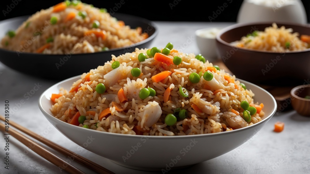 fried rice in bowl on white table and plain background with dramatic lighting fried rice in bowl on white table and plain background with dramatic lighting