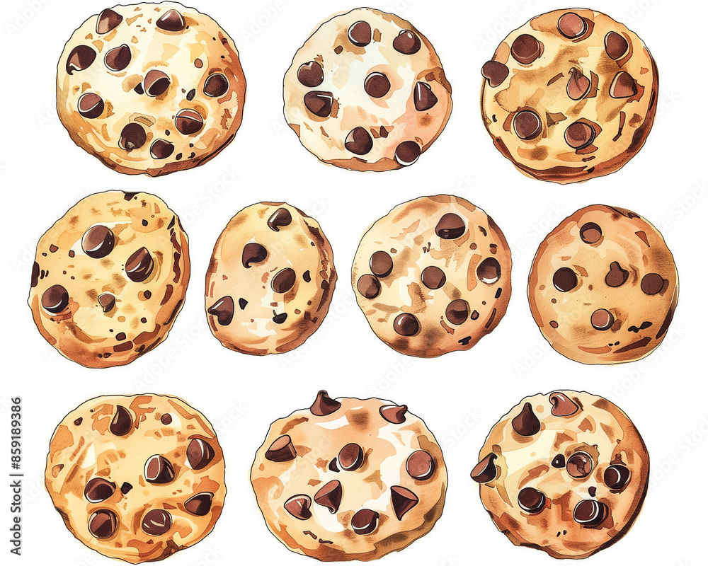 set of chocolate chip cookies. illustration vector set of chocolate chip cookies. illustration vector
