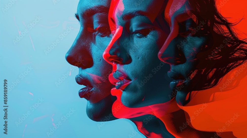 Dual-tone double exposure of faces, isolated solid color background. Dual-tone double exposure of faces, isolated solid color background.