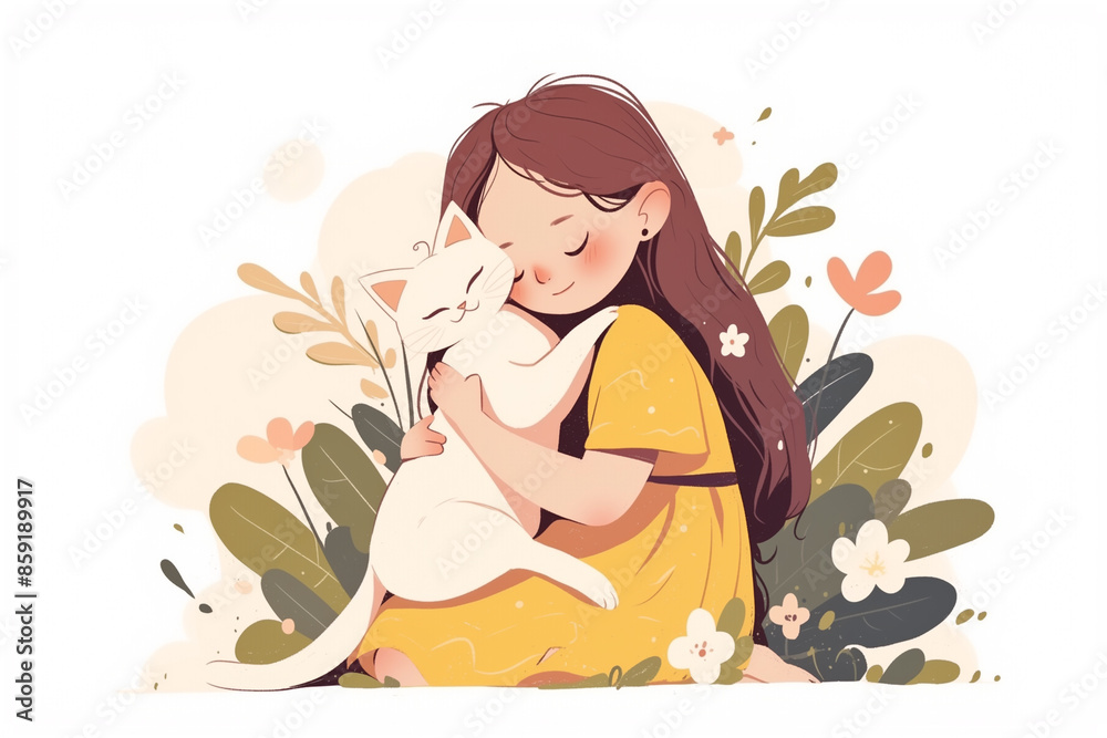 Cute little girl hugging her kitten. illustration vector Cute little girl hugging her kitten. illustration vector