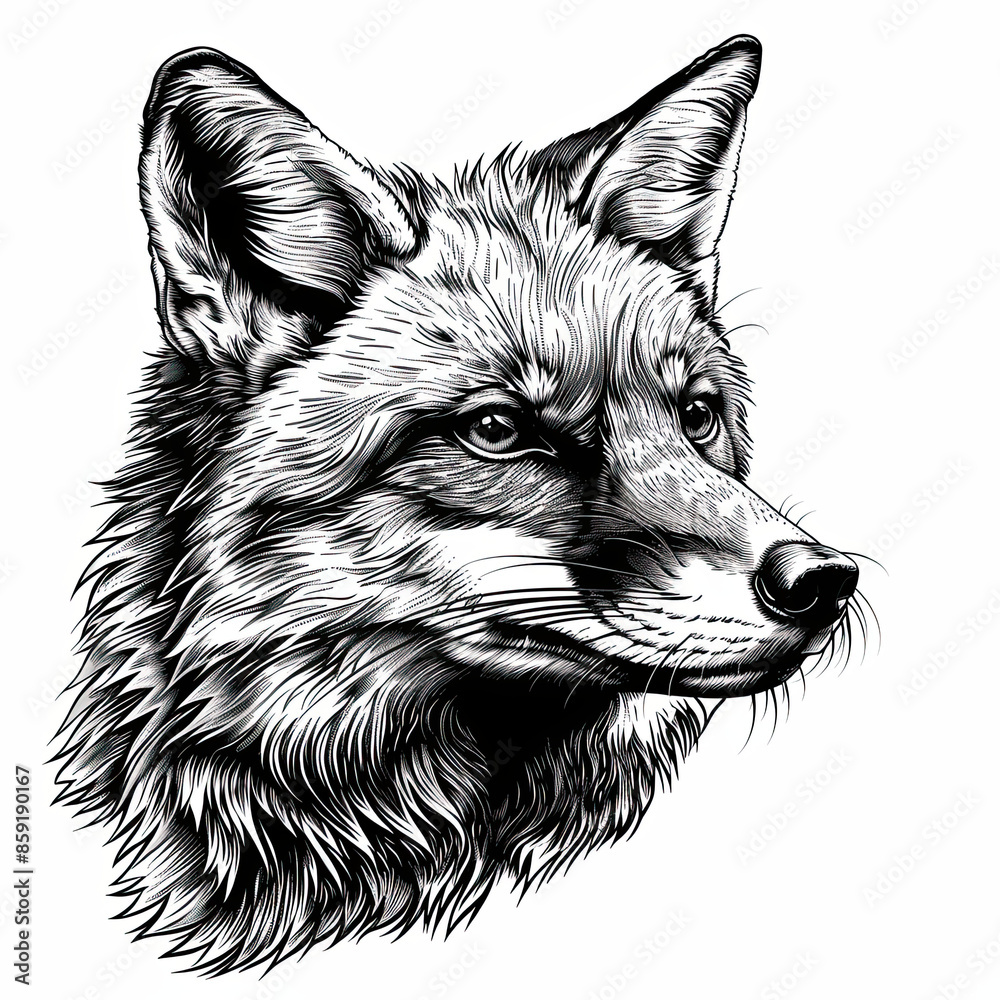 A black and white drawing of a fox 's head A black and white drawing of a fox 's head