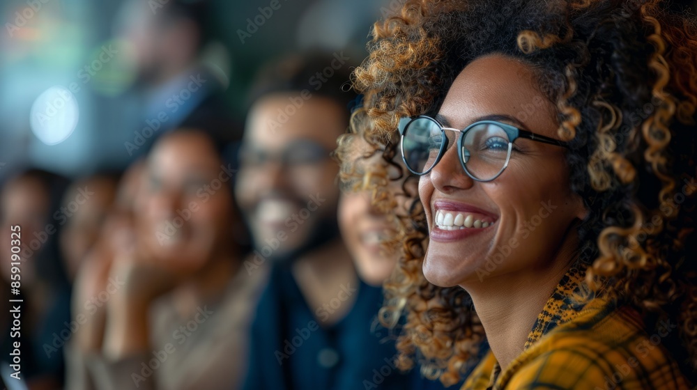 Happy multi-ethnic business people sit together in the office, laughing and smiling while listening to a close-up portrait of a lecture or training session Happy multi-ethnic business people sit together in the office, laughing and smiling while listening to a close-up portrait of a lecture or training session