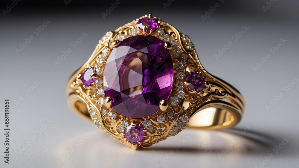 gold ring with purple gemstone on white table and plain background with dramatic lighting gold ring with purple gemstone on white table and plain background with dramatic lighting