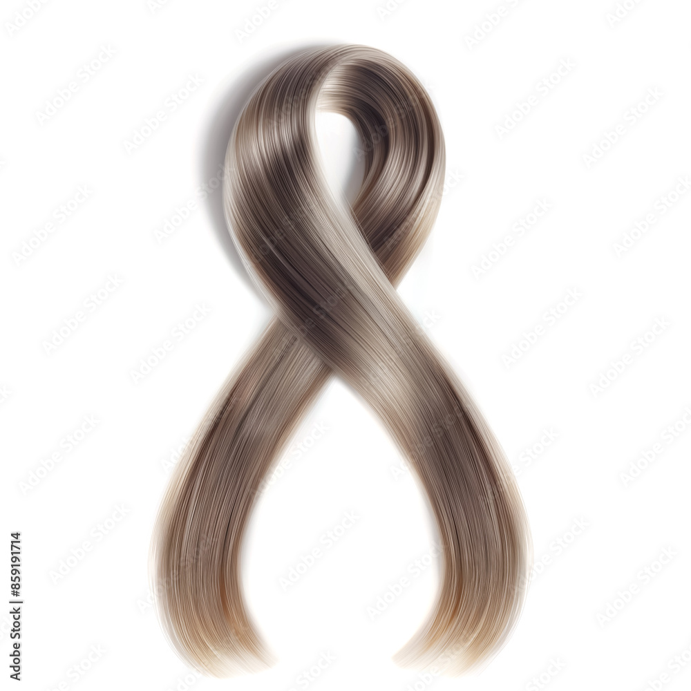 Blond hair lock in the shape of awareness ribbon isolated on white background, Hair Donation for cancer patients