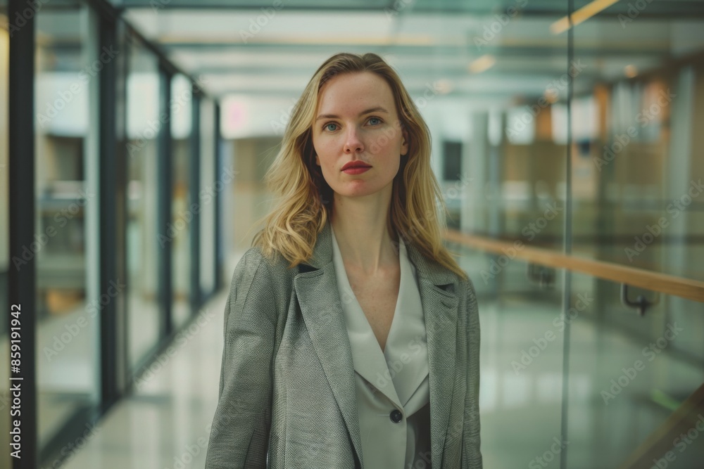 Confident Businesswoman in Modern Office Corridor Confident Businesswoman in Modern Office Corridor