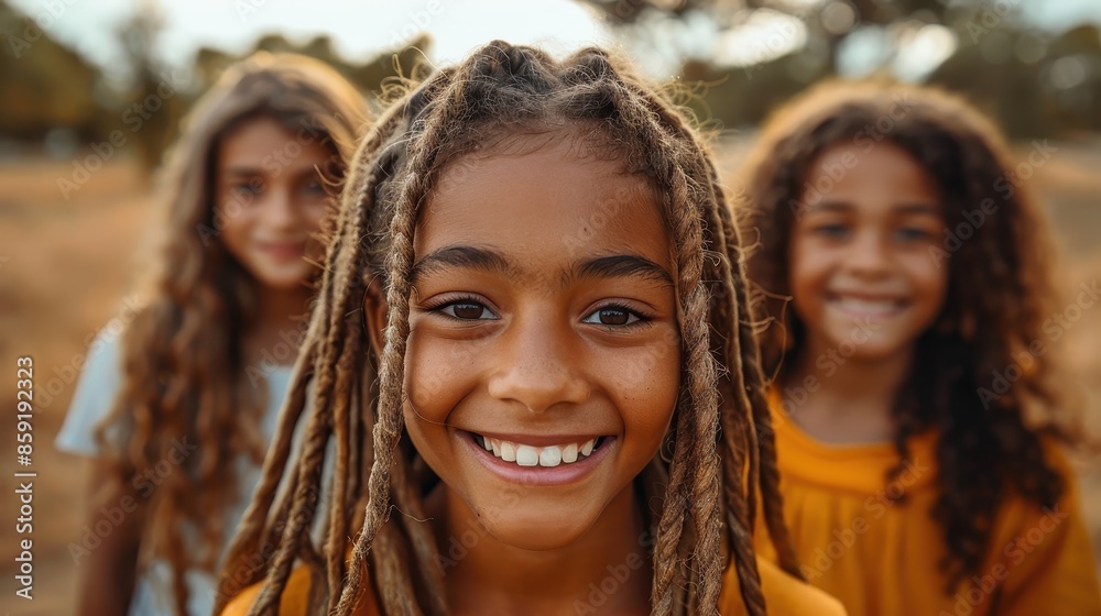 Three smiling children stand close together outdoors on a sunny day, their faces beaming with joy and togetherness, radiating warmth and friendship.